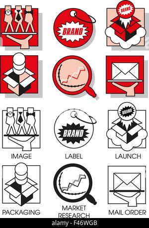 Line icons set with flat design elements of marketing and distribution of goods and products. Modern vector pictogram collection Stock Vector