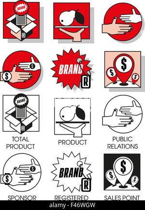 Line icons set with flat design elements of marketing and distribution of goods and products. Modern vector pictogram collection Stock Vector