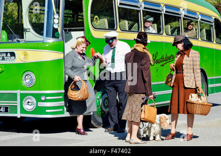 Southdown Motor Services buses with period re-enactors (late 1940's - early 1960's) at Amberley Working Museum. Stock Photo