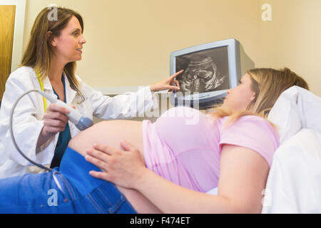 Doctor showing ultrasound scan to her patient Stock Photo