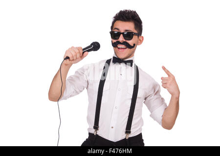 Funny man with mic isolated on white Stock Photo