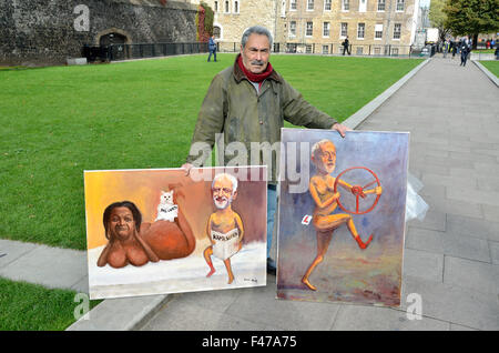 Satirical artist Kaya Mar outside the Houses of Parliament with caricatures of Jeremy Corbyn and Diane Abbott Stock Photo