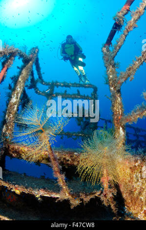 MV Karwela Wreck and scuba diver, shipwreck, Gozo, Malta, South Europe, Mediterranean Sea Stock Photo