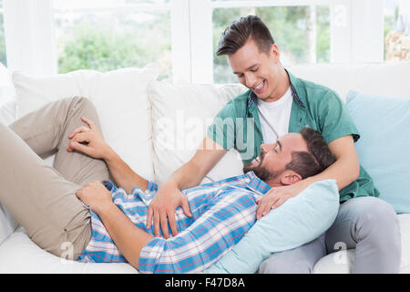 Homosexual couple men discussing together Stock Photo