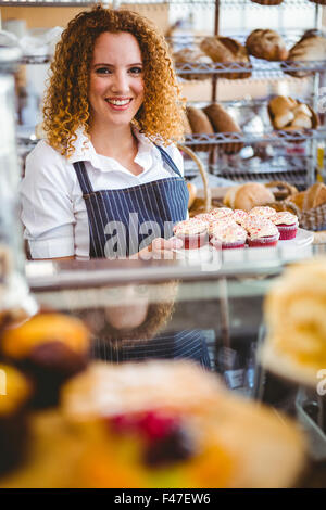 Pretty barista preparing plate with cupcakes Stock Photo