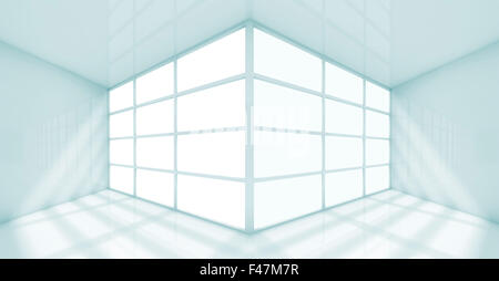 Abstract white interior of an empty office room with windows corner. 3d render illustration Stock Photo