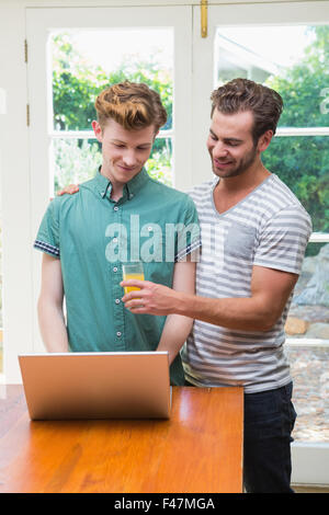 Homosexual couple looking at laptop computer Stock Photo