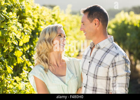 Smiling couple embracing and standing next to grapevine Stock Photo