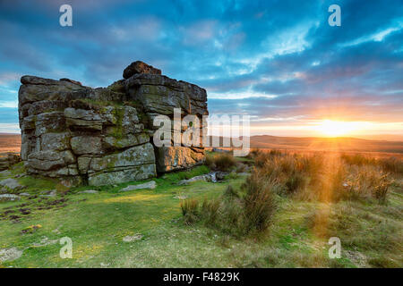Stunning sunset at South Hessary Tor near Princetown on Dartmoor National Park in Devon Stock Photo