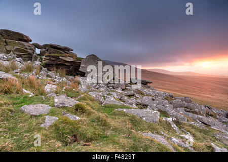 Storm clouds descend on Dartmoor National Park at West Mill Tor near Okehampton Stock Photo