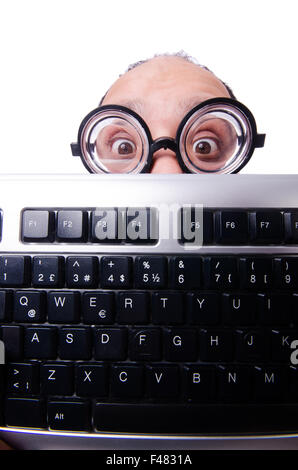 Funny man with keyboard isolated on white Stock Photo