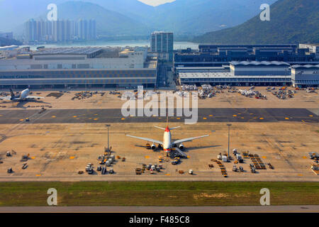 Cathey Pacific plane ready for boarding in Hong Kong Airport Stock Photo