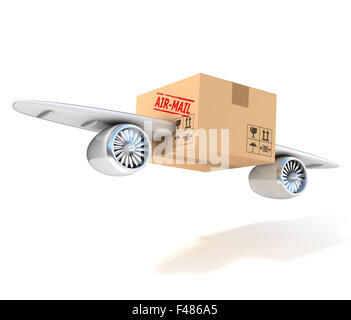 air mail 3d concept - cardboard box with wings and jet engines Stock Photo