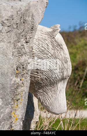 Bear stone sculpture at Tout Quarry sculpture park, Isle of Portland, Dorset UK in October - sculpture of bears head emerging from rock Stock Photo