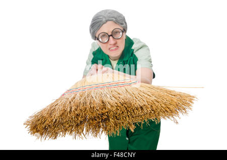 Woman with sweeping brush isolated on white Stock Photo