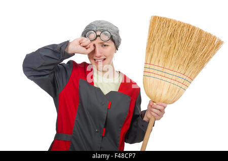 Woman with sweeping brush isolated on white Stock Photo