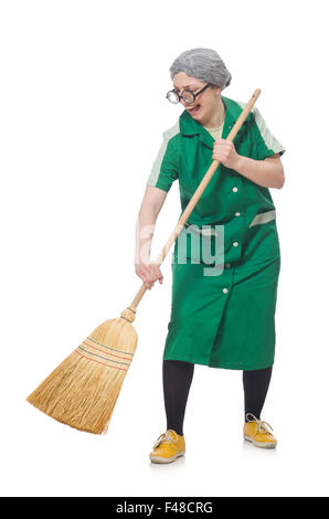 Woman with sweeping brush isolated on white Stock Photo