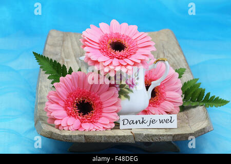 Dank je wel (which means thank you in Dutch) with pink  gerbera daisies Stock Photo