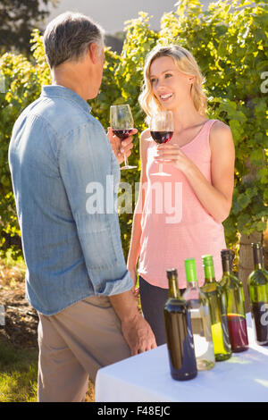 Smiling couple talking and drinking red wine Stock Photo
