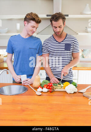 Cute homosexual couple cooking together Stock Photo