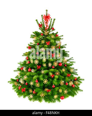 Rustic natural Christmas tree with red baubles, bows and straw stars, studio isolated on white background Stock Photo