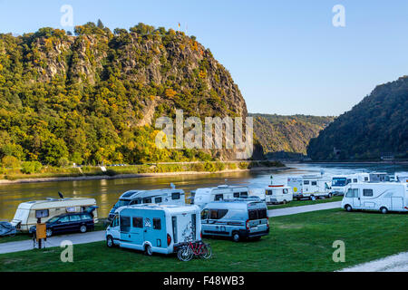 Lorelei rock, camping, Rheingau, UNESCO  world heritage site, Upper Middle Rhine Valley Stock Photo
