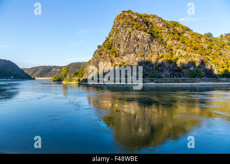 Lorelei rock, camping, Rheingau, UNESCO  world heritage site, Upper Middle Rhine Valley Stock Photo