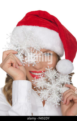 Attractive woman in Santa hat with snowflake Stock Photo