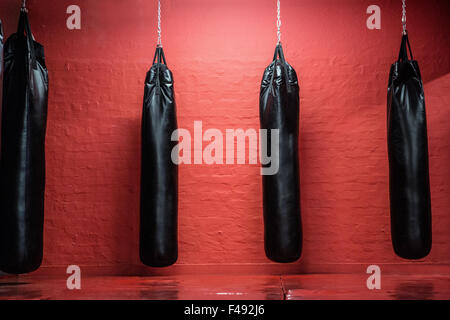 Punching bags in red boxing area Stock Photo