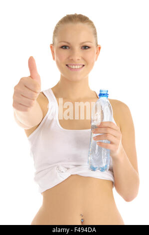 contented woman holding a water bottle Stock Photo