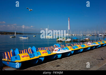 Row of pedal boats on the shore of Geneva Lake, Geneva, Switzerland Stock Photo