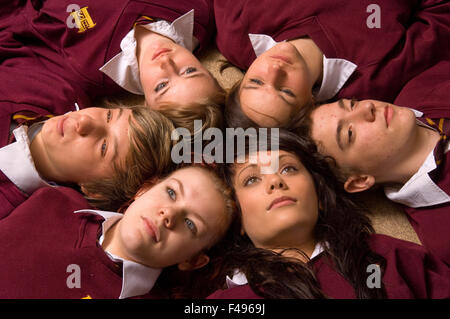 Hanham High School drama class,with girls wearing masks and lying in circle.a UK education learn classroom students pupil group Stock Photo