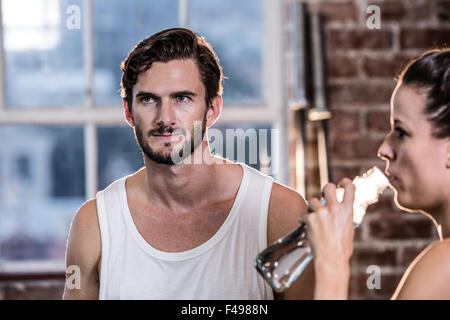 Fit people chatting in studio Stock Photo
