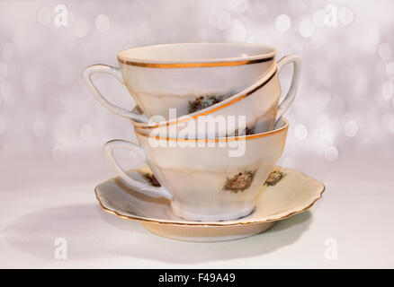 three coffee cups on pink  background Stock Photo