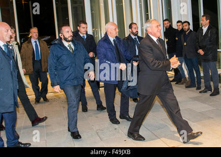 torino, Italy. 15th Oct, 2015. The Senate President Pietro Grasso enters in the Intesa Sanpaolo's skyscraper to takes part gala dinner for 3rd World Forum of Local Economic Development in Turin. Credit:  Mauro Ujetto/Pacific Press/Alamy Live News Stock Photo