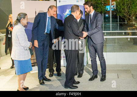 torino, Italy. 15th Oct, 2015. Ban Ki-moon, current Secretary-General of the United Nations handshake Enzo La Volta (1R), Councilor of the City of Turin, in the photo his wife Yoo Soon-taek (1L), Piero Fassino (2L) Mayor of Turin, Senate President Pietro Grasso (3L) at Intesa Sanpaolo's skyscraper before gala dinner in Torino. Credit:  Mauro Ujetto/Pacific Press/Alamy Live News Stock Photo