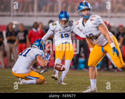 Las Vegas, NV, USA. 10th Oct, 2015. San Jose State kicker (12) Austin Lopez in action during the San Jose Spartans vs UNLV Rebels football game. San Jose State defeated UNLV 33-27 in overtime on Saturday, October 10, 2015 at Sam Boyd Stadium in Las Vegas, Nevada. (Mandatory Credit: Juan Lainez/MarinMedia.org/Cal Sport Media) (Complete photographer, and credit required) © csm/Alamy Live News Stock Photo