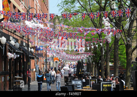 Party bunting on Canal Street in the heart of Manchester's Gay village to celebrate the wedding of William and Kate.