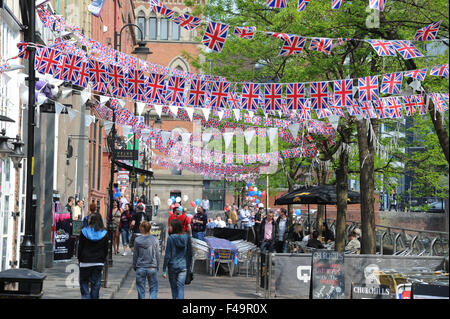 Party bunting on Canal Street in the heart of Manchester's Gay village to celebrate the wedding of William and Kate.
