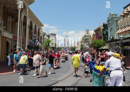 Looking down Main Street towards Cinderella's Castle in Magic Kingdom, Walt Disney World, Orlando, Florida, USA Stock Photo