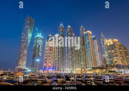 Dubai marina skyscrapers during night hours Stock Photo