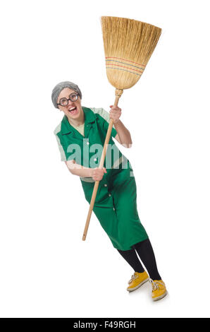 Woman with sweeping brush isolated on white Stock Photo