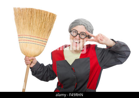 Woman with sweeping brush isolated on white Stock Photo