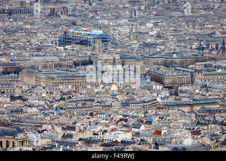 Paris aerial view, rooftops of the 4th arrondissement, Ile de la Cite, Tour Saint Jacques and Centre Georges Pompidou, France Stock Photo