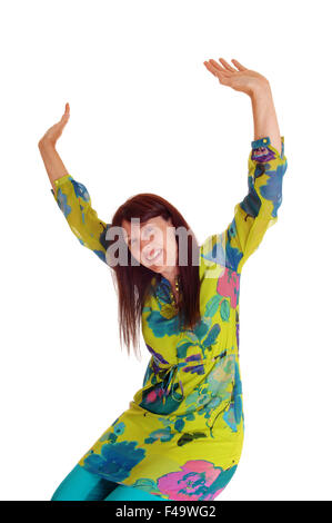 Very happy woman with hands up. Stock Photo