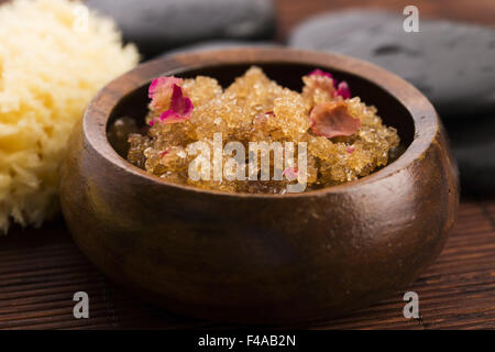 Homemade body peeling with sugar, olive oil and rose petal Stock Photo