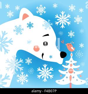 Beautiful vector illustration of a polar bear in the snow forest Stock Vector