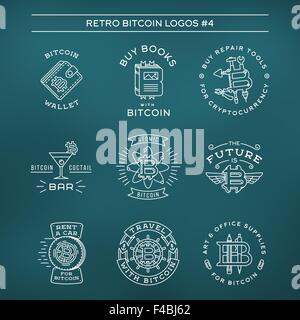 Bitcoin logo templates set. Cryptocurrency badge collection. Digital money icons. Outline coin vector design on navy background. Stock Vector