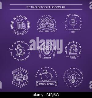 Bitcoin logo templates set. Cryptocurrency badge collection. Digital money icons. Outline coin vector design on violet background. Stock Vector