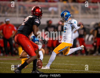 Las Vegas, NV, USA. 10th Oct, 2015. San Jose State kicker (12) Austin Lopez in action during the San Jose Spartans vs UNLV Rebels football game. San Jose State defeated UNLV 33-27 in overtime on Saturday, October 10, 2015 at Sam Boyd Stadium in Las Vegas, Nevada. (Mandatory Credit: Juan Lainez/MarinMedia.org/Cal Sport Media) (Complete photographer, and credit required) © csm/Alamy Live News Stock Photo